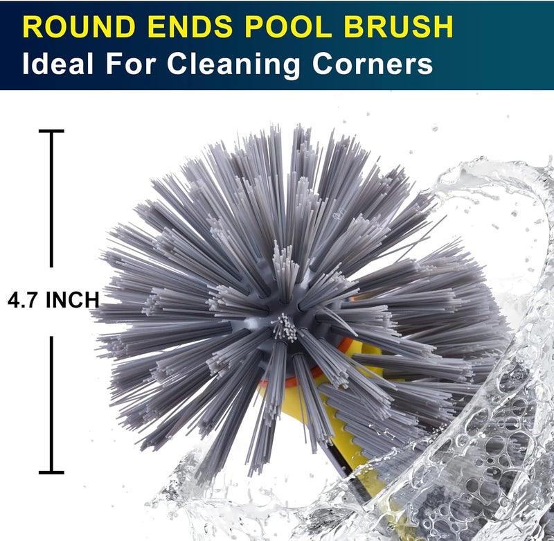 POOLAZA Pool Brush Head with Round Ends, Heavy Duty Pool Brushes for Cleaning Pool Walls, Floors Steps & Corners, 17.5" Pool Brush with Sturdy Aluminum Handle & Durable Nylon Bristles (Yellow) - Image 2